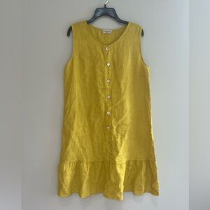 Terzo Millennio 100% Linen Ruffle Hem Shift Dress in Chartreuse Yellow, L